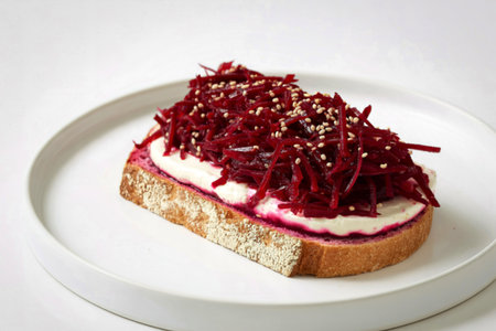 A slice of rustic bread topped with creamy spread and vibrant shredded beets, garnished with sesame seeds, presented on a white plate.の写真素材