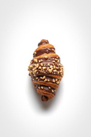 A single, golden-brown croissant with chocolate filling, coated in crunchy toasted nuts, presented on a clean white surface.の写真素材