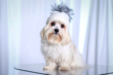 A fluffy white Maltese dog with dark eyes sits attentively, wearing a stylish grey pom pom hat, against a soft, blurred background.の写真素材