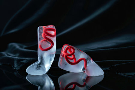 Two abstract glass sculptures, one upright and the other tilted, feature swirling red snake-like designs against a dark, moody background.の写真素材