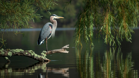 A majestic Great Blue Heron stands tall on a weathered, moss-covered branch, its reflection shimmering in the calm, dark water below.の写真素材