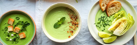 Three elegant bowls of creamy green soup, each uniquely garnished with fresh herbs, croutons, and lime wedges, presented from a top-down perspective.の写真素材