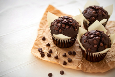 Three decadent chocolate muffins, generously topped with chocolate chips, are presented on a textured surface with scattered chocolate chips.の写真素材