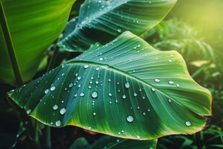 Close-up of a large, textured banana leaf covered in sparkling water droplets, with soft sunlight filtering through.の写真素材