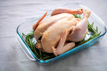 A whole raw chicken is nestled in a glass baking dish with fresh rosemary sprigs, ready for cooking.の写真素材
