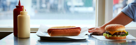 A close-up shot of a hot dog and a cheeseburger with condiments like ketchup and mustard, ready to be enjoyed.の写真素材