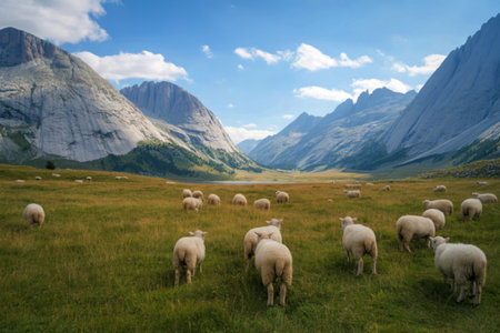 A flock of sheep peacefully grazes in a sun-drenched meadow, surrounded by towering, rugged mountains under a bright blue sky.の写真素材