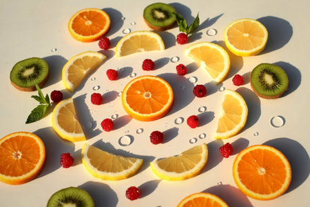 A colorful, overhead view of sliced oranges, lemons, kiwis, and raspberries arranged in a circular pattern with water droplets.の写真素材