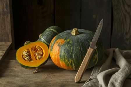 A rustic still life featuring a whole kabocha squash, a halved kabocha squash revealing its seeds, and a knife on a wooden surface.の写真素材