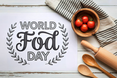 A top-down view of a rustic wooden surface featuring a World Food Day graphic, a bowl of cherry tomatoes, a rolling pin, and wooden spoons.の写真素材