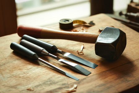 A collection of sharp woodworking chisels and a wooden mallet rest on a rustic workbench, ready for crafting.の写真素材