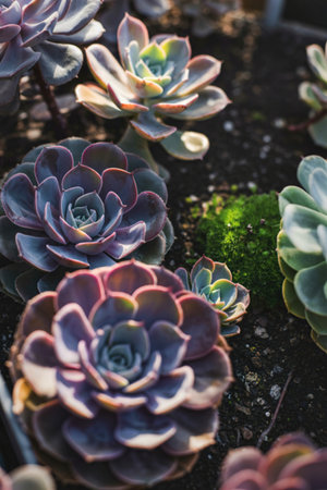 A close-up view of various colorful succulents with tightly packed leaves, showcasing shades of purple, pink, and green.の写真素材