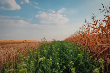 A wide view of agricultural fields showcasing golden wheat, vibrant green soybeans, and dry corn stalks under a partly cloudy sky.の写真素材