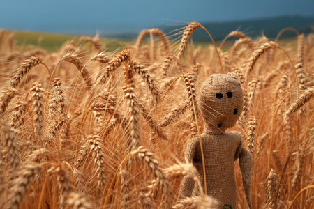 A solitary, handmade scarecrow with a burlap sack head stands amidst a vast, sun-drenched field of ripe golden wheat.の写真素材