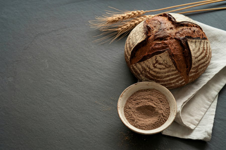 A rustic loaf of sourdough bread sits on a linen cloth next to a bowl of flour and wheat stalks on a dark surface.の写真素材