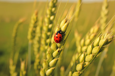 A vibrant red ladybug with black spots rests on a golden wheat stalk, surrounded by a blurred field of grain.の写真素材