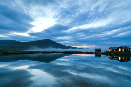 A serene evening scene with illuminated cabins reflecting on a calm lake, set against a backdrop of misty mountains and dramatic clouds.の写真素材