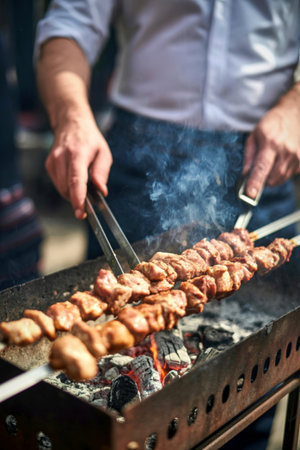 A person in a white shirt and denim apron uses tongs to turn meat skewers cooking on a charcoal grill. Smoke rises from the food.の写真素材