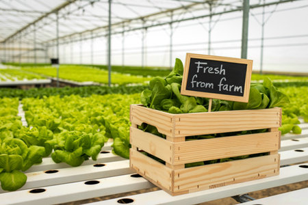 A wooden crate filled with vibrant green leafy vegetables sits in a bright, expansive greenhouse, ready for harvest and sale.の写真素材
