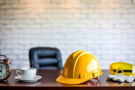A desk with a hard hat, safety glasses, gloves, coffee cup, and alarm clock, suggesting a construction manager's workspace.の写真素材