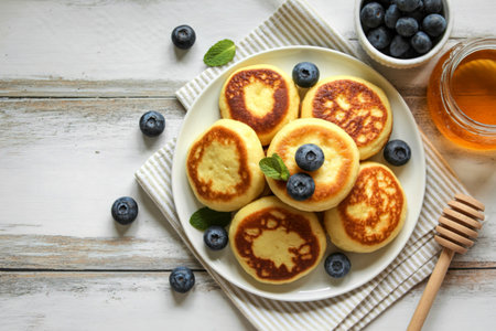A top-down view of fluffy syrniki pancakes adorned with fresh blueberries and a drizzle of honey, served on a white plate.の写真素材