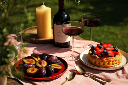 A serene outdoor dining setup featuring a selection of desserts and a bottle of red wine.