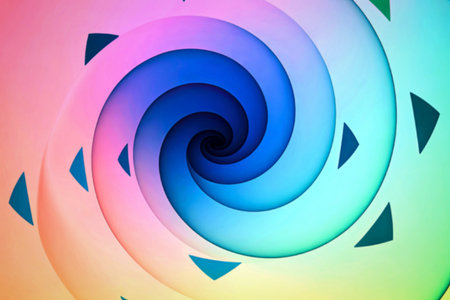 A vibrant abstract image featuring a spiral pattern with gradient colors transitioning from pink to...
