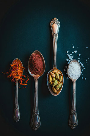 A collection of various spices displayed on antique silver spoons against a dark background. The...