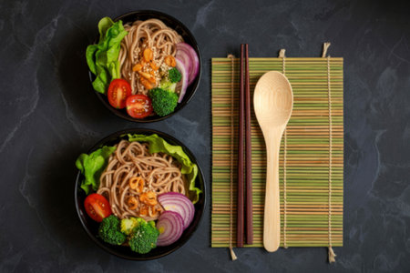 Two bowls of Asian noodles topped with fresh vegetables, accompanied by chopsticks and a wooden...