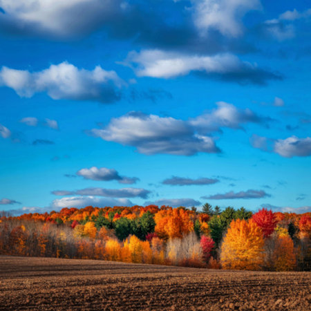 A serene autumn landscape featuring a vast field in the foreground, bordered by a dense forest of...