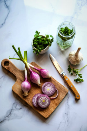 A wooden cutting board with sliced shallots, a knife, a head of garlic, a bowl of fresh parsley, and...