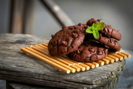 A close-up image of delicious chocolate chip cookies placed on a rustic wooden surface with a sprig of mint for garnish.の写真素材