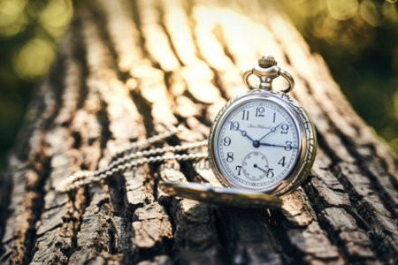 A close-up image of a vintage pocket watch resting on the rough texture of tree bark. The watch...