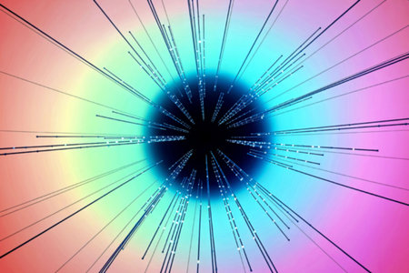 A vibrant, abstract digital image featuring a central vortex with radiating lines extending outward....
