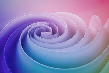 A close-up image of a vibrant, swirling pattern featuring a gradient of pastel colors including...