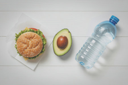 A delicious burger accompanied by a fresh avocado and a bottle of water, arranged neatly on a white...