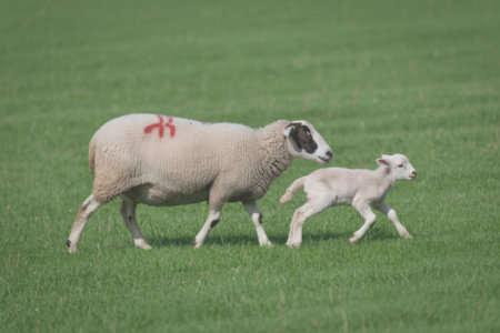 A mother sheep and her lamb walking together on a lush green field.の写真素材