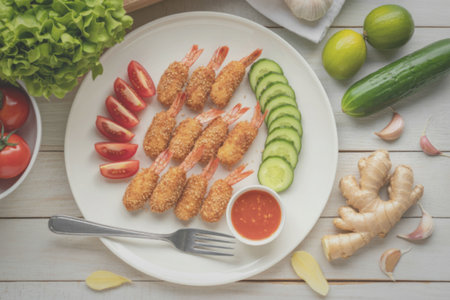 A white plate holds crispy breaded shrimp accompanied by slices of cucumber and tomato. Surrounding...