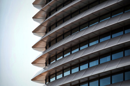 A close-up view of a contemporary high-rise building featuring multiple curved balconies. The...