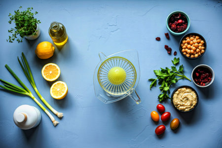 A collection of fresh ingredients including lemons, herbs, olive oil, chickpeas, and vegetables laid...