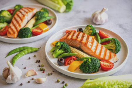 A delicious meal featuring grilled salmon fillets accompanied by a colorful array of vegetables...
