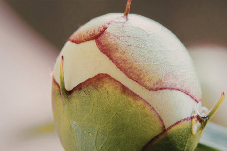 This image presents a detailed close-up of a peony bud on the verge of blooming. The bud is...