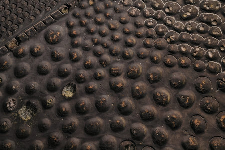 This image shows a close-up view of a dark brown textured surface. The surface features numerous...