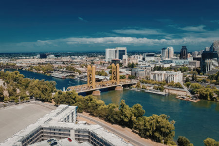 An aerial view of a city with a river and bridge, showcasing urban landscape and architecture.