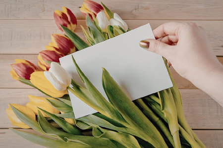 A hand holding a blank white card over a bouquet of colorful tulips on a wooden background
