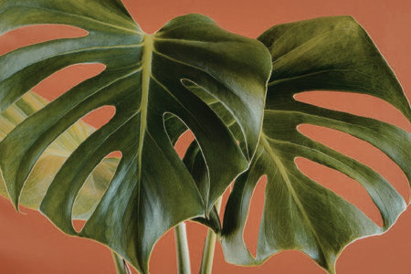The image shows a close-up of large, green leaves with holes and tears in them, set against a...