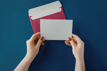 A person's hands holding a pink envelope and a white card against a blue background.