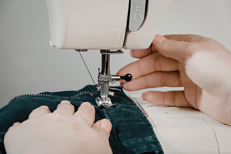 A person is using a sewing machine to sew green fabric. The person's hands are guiding the fabric...