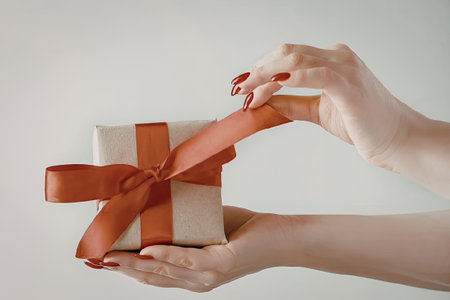 The image depicts a person holding a gift box wrapped in brown paper and tied with a red ribbon. The person's hands are visible, with red nail polish on their fingernails. The background of the image is white.の写真素材