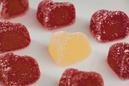 A close-up image of heart-shaped candies, with one yellow candy standing out among the red ones, all...